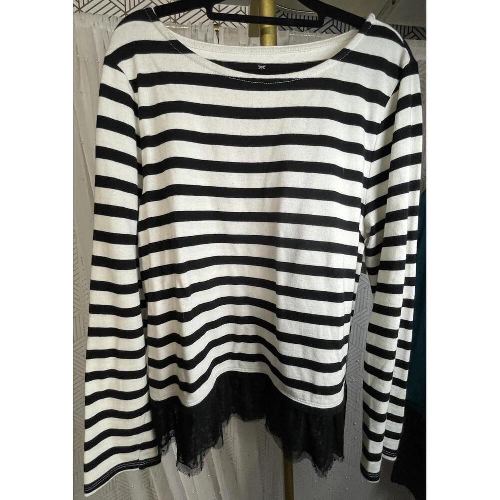 Talbots Black White Striped Top Lace Hem Long Sleeve 100% Cotton Size L